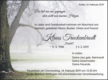 Traueranzeige von Klaus Truckenbrodt von Schwäbische Post