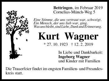 Traueranzeige von Kurt Wagner von Gmünder Tagespost