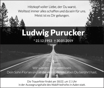 Traueranzeige von Ludwig Purucker von Schwäbische Post