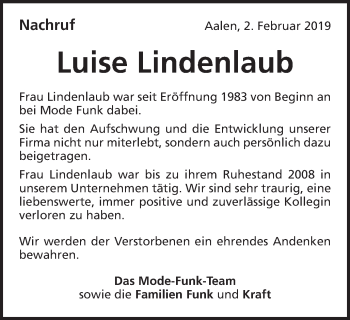 Traueranzeige von Luise Lindenlaub von Schwäbische Post