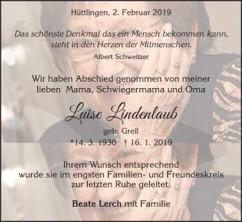 Traueranzeige von Luise Lindenlaub von Schwäbische Post