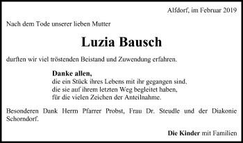 Traueranzeige von Luzia Bausch von Gmünder Tagespost