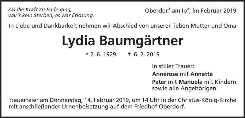  Traueranzeige für Lydia Baumgärtner vom 09.02.2019 aus Schwäbische Post