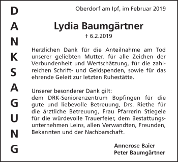Traueranzeige von Lydia Baumgärtner von Schwäbische Post
