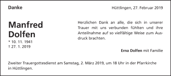 Traueranzeige von Manfred Dolfen von Schwäbische Post