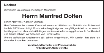 Traueranzeige von Manfred Dolfen von Schwäbische Post