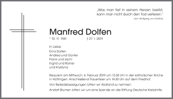 Traueranzeige von Manfred Dolfen von Schwäbische Post