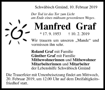 Traueranzeige von Manfred Graf von Gmünder Tagespost