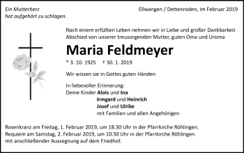 Traueranzeige von Maria Feldmeyer von Schwäbische Post