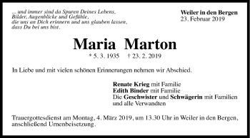 Traueranzeige von Maria Marton von Gmünder Tagespost