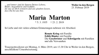 Traueranzeige von Maria Marton