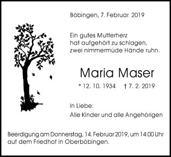 Traueranzeige von Maria Maser von Gmünder Tagespost