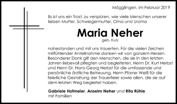 Traueranzeige von Maria Neher von Gmünder Tagespost