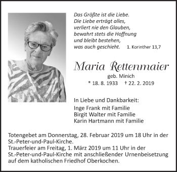 Traueranzeige von Maria Rettenmaier von Schwäbische Post