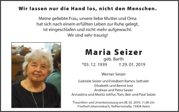 Traueranzeige von Maria Seizer von Schwäbische Post