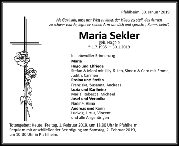 Traueranzeige von Maria Sekler von Schwäbische Post