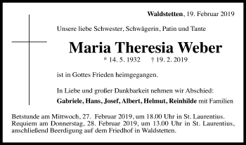 Traueranzeige von Maria Theresia Weber von Gmünder Tagespost