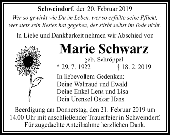 Traueranzeige von Marie Schwarz von Schwäbische Post