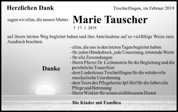 Traueranzeige von Marie Tauscher von Schwäbische Post
