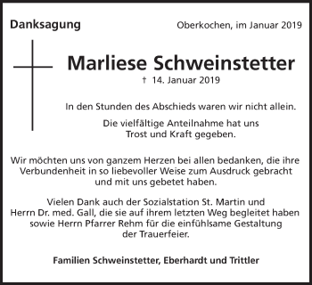 Traueranzeige von Marliese Schweinstetter von Amtsblatt_Oko