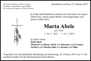 Traueranzeige von Marta Abele von Schwäbische Post