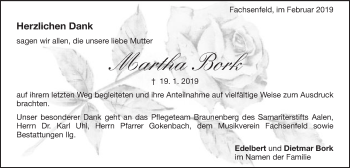 Traueranzeige von Martha Bork von Schwäbische Post