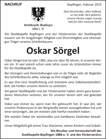 Traueranzeige von Oskar Sörgel von Schwäbische Post