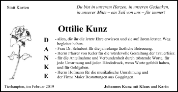 Traueranzeige von Ottilie Kunz von Gmünder Tagespost