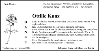 Traueranzeige von Ottilie Kunz