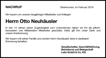 Traueranzeige von Otto Neuhäusler von Schwäbische Post