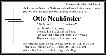 Traueranzeige von Otto Neuhäusler von Schwäbische Post