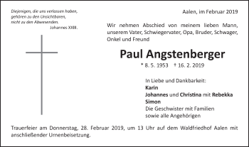 Traueranzeige von Paul Angstenberger von Schwäbische Post