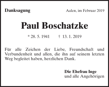 Traueranzeige von Paul Boschatzke von Schwäbische Post