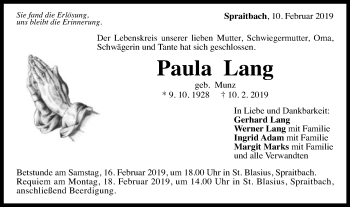 Traueranzeige von Paula Lang von Gmünder Tagespost