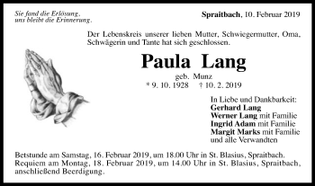 Traueranzeige von Paula Lang