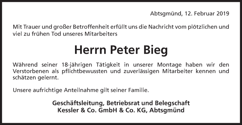  Traueranzeige für Peter Bieg vom 14.02.2019 aus Schwäbische Post