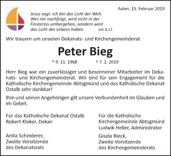 Traueranzeige von Peter Bieg von Schwäbische Post