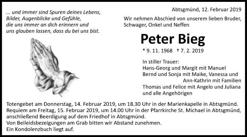  Traueranzeige für Peter Bieg vom 12.02.2019 aus Schwäbische Post