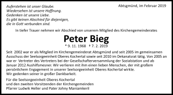 Traueranzeige von Peter Bieg von Kocher-Lein-Bote