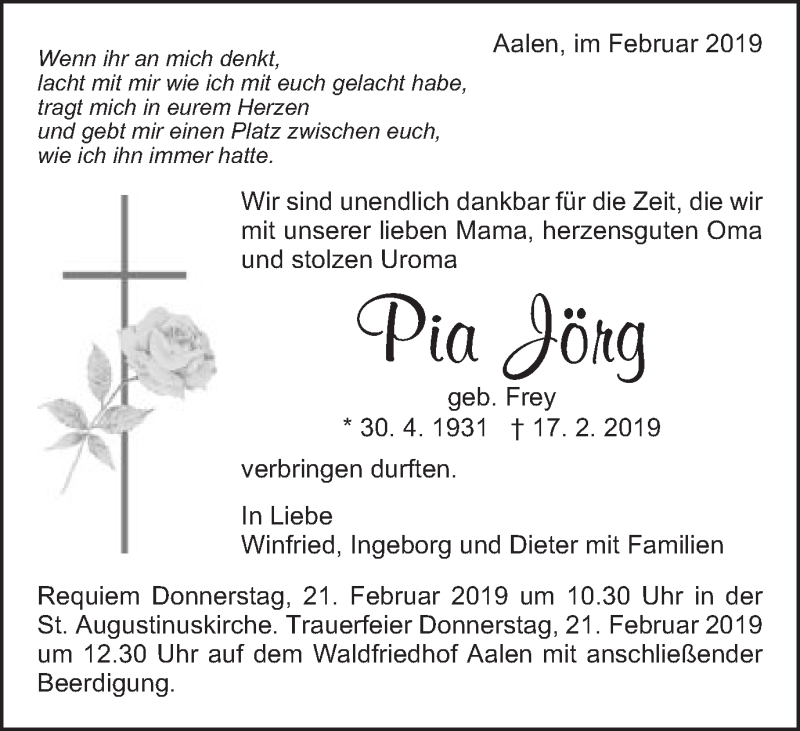 Traueranzeige für Pia Jörg vom 19.02.2019 aus Schwäbische Post