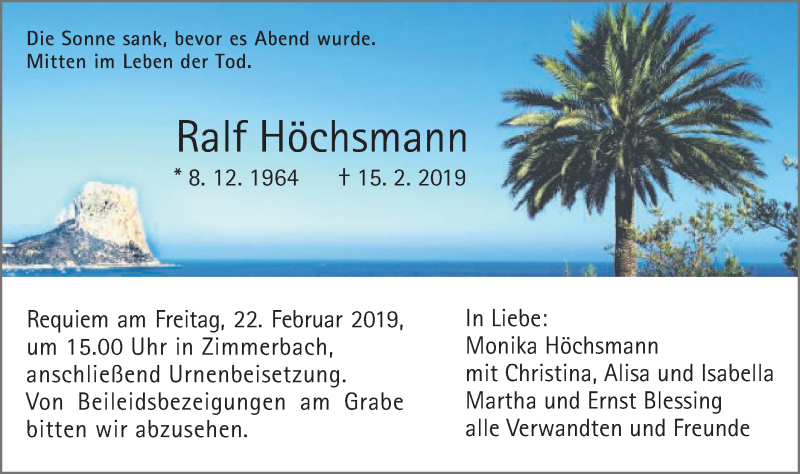  Traueranzeige für Ralf Höchsmann vom 19.02.2019 aus Gmünder Tagespost