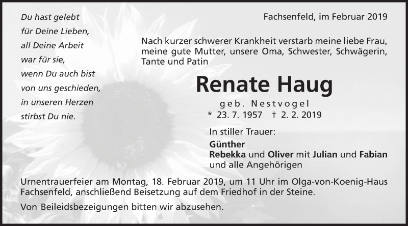 Traueranzeige für Renate Haug vom 14.02.2019 aus Schwäbische Post