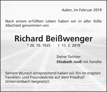 Traueranzeige von Richard Beißwenger von Schwäbische Post