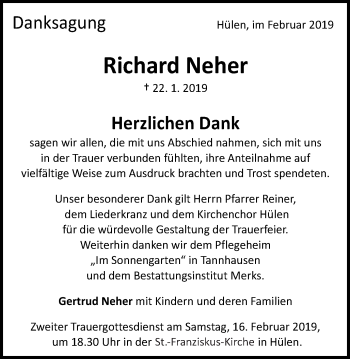 Traueranzeige von Richard Neher von Schwäbische Post