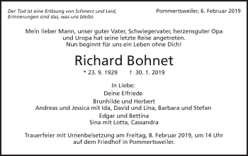 Traueranzeige von Richard Bohnet Bohnet von Schwäbische Post