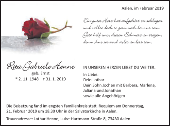 Traueranzeige von Rita Gabriele Henne von Schwäbische Post