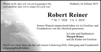 Traueranzeige von Robert Reiner von Gmünder Tagespost