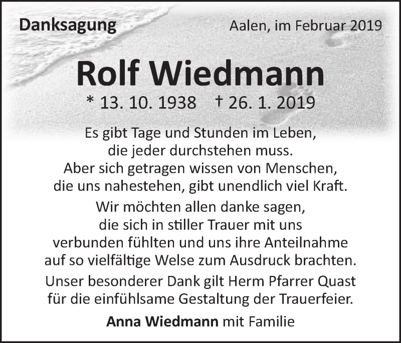  Traueranzeige für Rolf Wiedmann vom 13.02.2019 aus Schwäbische Post
