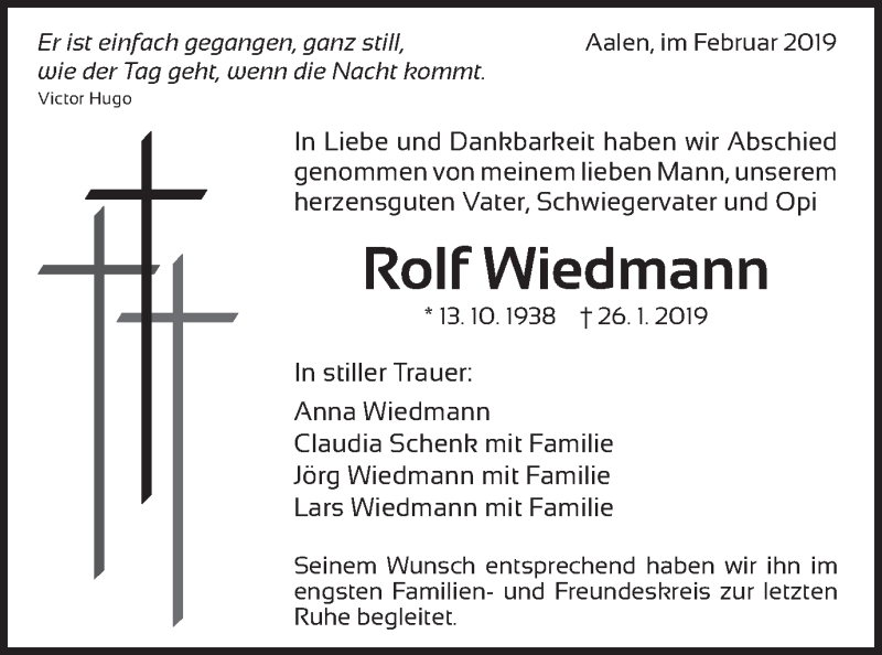  Traueranzeige für Rolf Wiedmann vom 06.02.2019 aus Schwäbische Post