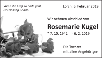 Traueranzeige von Rosemarie Kugel von Gmünder Tagespost